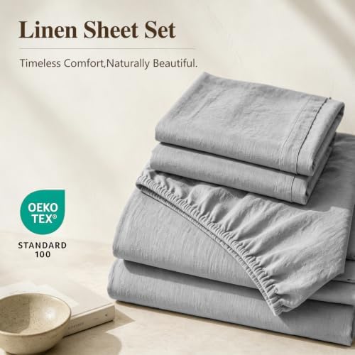 MEISHANG 100% French Linen Sheets King,4 Pcs,16" Deep Pocket