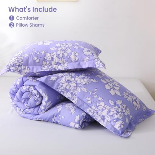 Mooreeke King Size Comforter Sets, Lavender Quilt with White Flower Patterned Bedding for All Seasons, 3-Piece Vintage Bed in a Bag with Fluffy Quilted Reversible Comforter & 2 Pillow Shams