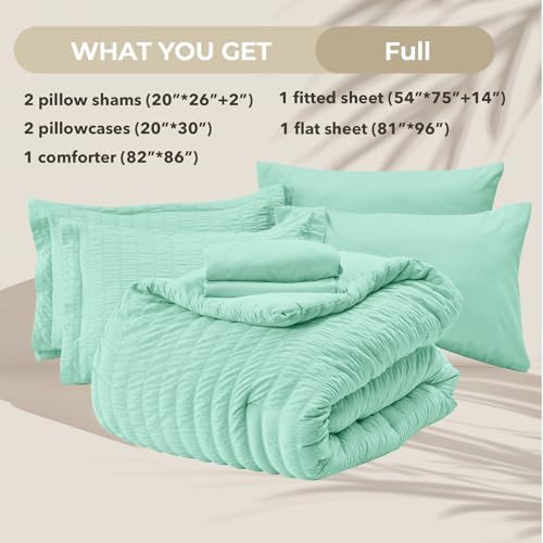 HYMOKEGE Mint Green Full Size Comforter Sets Seersucker 7 Pieces, All Season Luxury Bed in a Bag for Bedroom, Bedding Set with Comforter, Sheets, Pillowcases & Shams