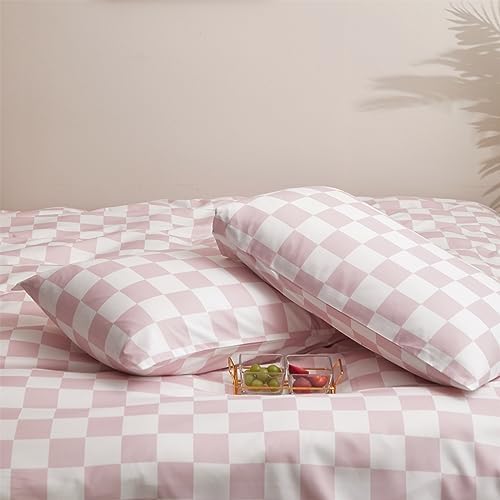 Wellboo Pink White Plaid Comforter Sets Full Women Men Bean Pink and White Checkerboard Grid Bedding Comforters Cotton Boys Girls Modern Dusty Pink Checkered Geometric Quilts Luxury Abstract Bed