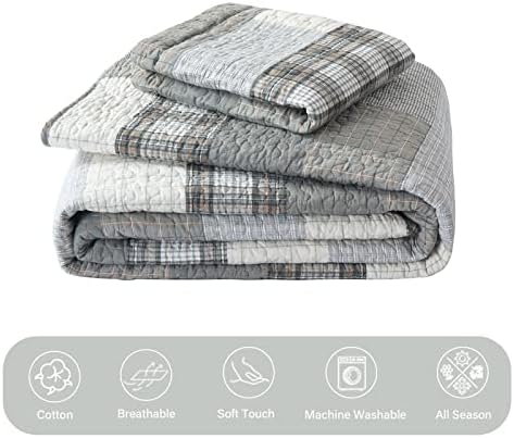 Finlonte King Size Quilt, Cotton King Quilt Bedding Set, Grey(Gray) Patchwork Plaid Bed Quilts King Size, Lightweight Reversible Soft King Size Bedspreads, 3 Pieces