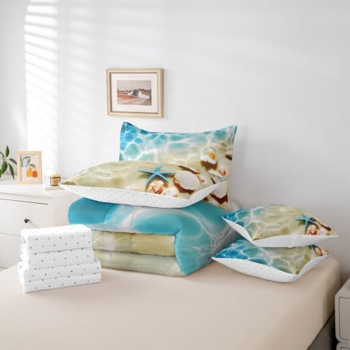 Erosebridal Ocean 7 Piece Bedding Set Queen Beach Comforter Set with Sheets Coastal Nature Bed in A Bag Hawaiian Sea Wave Animals Shell Starfish Bed Sets with 2 Pillowcases, 2 Throw Pillow Covers