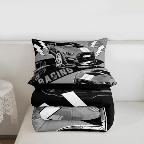 Erosebridal Race Car Bedding Set for Boys Teens Kids Black Grey Racing Car Comforter Set King Size,Cool Sports Car Quilt Bed Set Bedroom Decor for Boys Girls Race Cars Gamer Comforter Sets 3Pcs