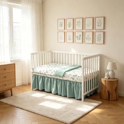 Organic Cotton Muslin Baby Crib Bedding Set 3 Piece Soft for Infant Newborn Toddler Boys Girls 52"x28", Nursery Bed Quilt Set Decor with Fitted Crib Sheet, Leaves Quilted Comforter Blanket, Bed Skirt