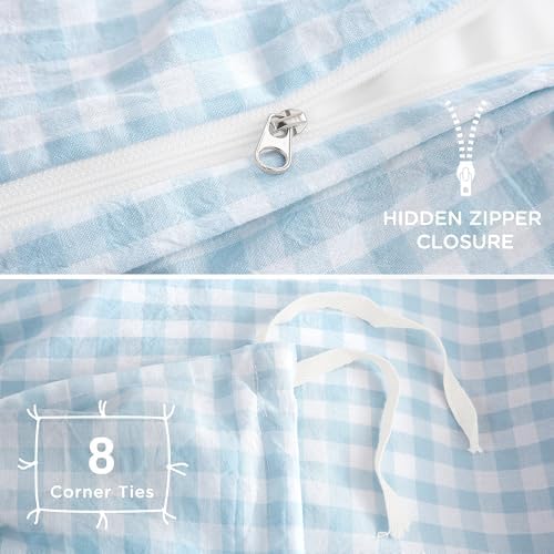 TOCOMOA Gingham Duvet Cover Set 100% Washed Cotton Like Linen, Queen