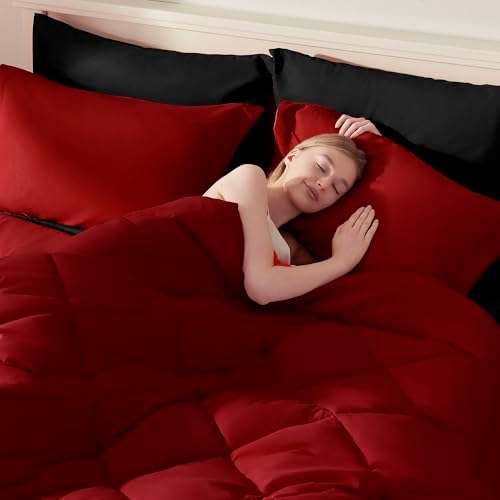 ELNIDO QUEEN® Queen Comforter Set 7 Pieces, Red and Black Bed in a Bag Queen Size, Bed Set All Seasons Bedding Sets with Reversible Comforter, Flat Sheet, Fitted Sheet, Pillowcases and Pillow Shams