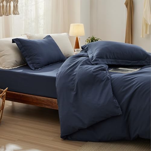 Bedsure Prewashed Duvet Cover Queen with Fitted Sheet, 4-Piece Set, Navy