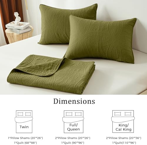 akkialla Full/Queen Quilt Set,Olive Green Lightweight Bedspread with Coin Pattern, Soft Microfiber Coverlet for All Seasons, Contemporary Decorative Bedding (1 Quilt, 2 Pillow Shams)