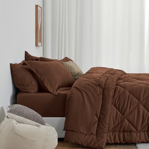 Love's cabin Oversized Queen Comforter Set, 7 Pieces Bed in a Bag, All Season Bedding Sets with 1 Comforter, 1 Flat Sheet, 1 Fitted Sheet, 2 Pillowcase and 2 Pillow Sham, Brown