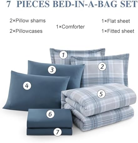 Plaid Full Size Comforter Set Light Blue 7 Pieces Farmhouse Bed in a Bag