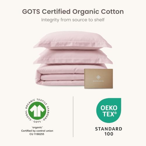 BIOWEAVES 100% Organic Cotton Twin/Twin XL Duvet Cover Set, 2-Piece, 300 Thread Count Sateen Weave GOTS Certified Comforter Cover with Buttoned Closure and 1 Pillow Sham – Blush Pink, 66x90 inches