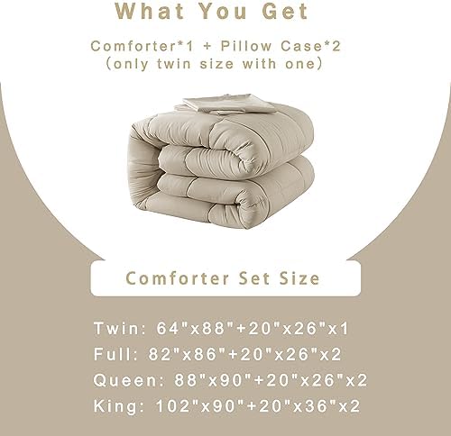DOWNCOOL King Size Comforter Set -All Season Bedding Comforters Sets with 2 Pillow Cases -3 Pieces Bed Set Down Alternative King Bedding Set -Beige King Comforter Set(102"x90")