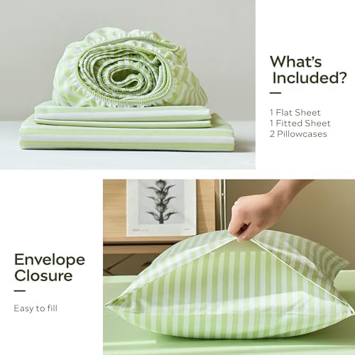 JELLYMONI 100% Cotton Sheet Set, Sage Green Striped, King