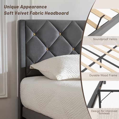 Queen Size Platform Bed Frame with Velvet Headboard