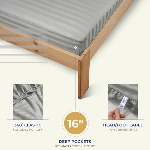THREAD SPREAD Egyptian Cotton Sheets Queen Size - 1000 Series High Thread Count Cotton Queen Sheet Set (4 PC, Silver - Stripe), 16" Snug Fit Deep Pocket, Cooling, Sateen, Soft Hotel Luxury Sheets