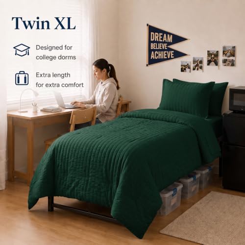 CozyLux Twin XL Comforter Set 5-Piece Emerald Green Seersucker Bed in a Bag