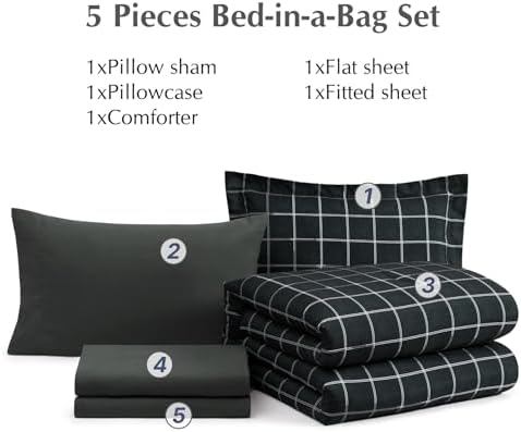 Plaid Twin XL Comforter Set Black 5 Pieces Bed in a Bag for College Dorm