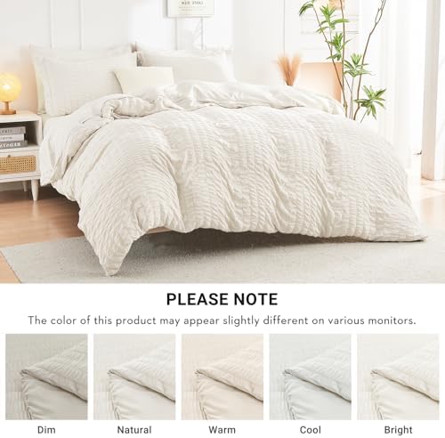HYMOKEGE Ivory Queen Comforter Set Seersucker 7 Pieces, All Season Luxury Bed in a Bag for Bedroom, Bedding Set with Comforters, Sheets, Pillowcases & Shams
