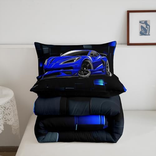 Erosebridal Race Car Twin Comforter Set for Boys Blue Sports Car Kids Bedding Set Cool Speed Race Car Down Comforter Extreme Sports Racing Competition Quilt 3D Geometric Duvet Insert