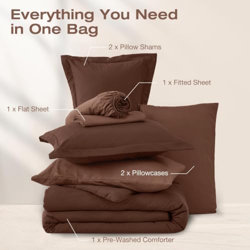Sasttie Queen Comforter Set 7-Piece Dark Brown, Pre-Washed Bed in a Bag