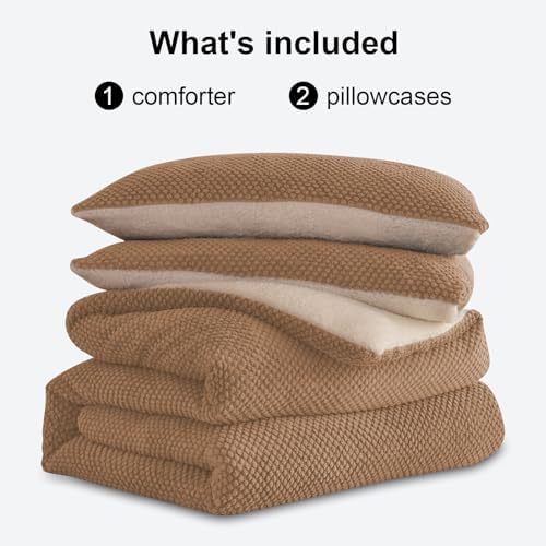 LLanCL 3D Jacquard Design Comforter Set, Luxury Cozy Sherpa Fur Plush 3-Pieces Ultra-Soft Warm Sets Bedding with 2 Pillowcases (Queen Size 90"x90", Beige)