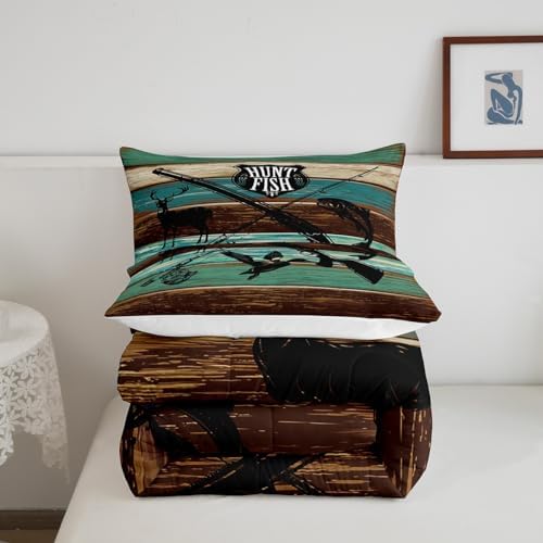 Kids Wild Animal Hunting Bedding Set for Boys Girls,Hunt Fish Themed Retro All Season Cozy Comforter Set Home Decor,Farmhouse Rustic Wooden Board Duvet Set for Chic Birthday Gift, Full Size