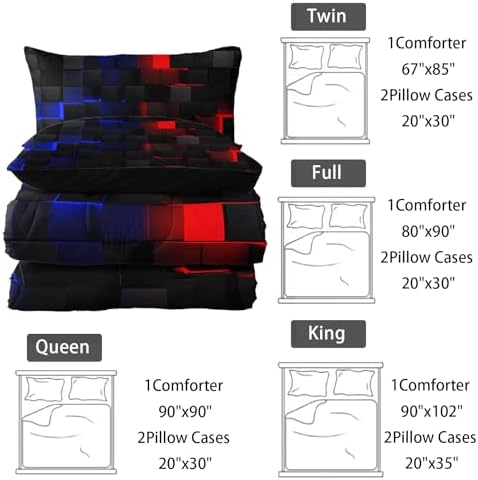 Nttopship Neon Red and Blue Comforter Set Twin Geometric Kids Bedding Set,3 PCS Geometry Honeycomb Bed Set Modern Quilt Set 1 Comforter 2 Pillow Cases Cool Room Decor All Season B-Side Black