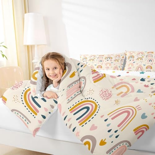 jejeloiu Lovely Kids Rainbows Comforter Set Queen Size Cute Rainbow Bedding Set for Kids Boys Girls Cute Princess Duvet Quilt Bedroom Decor Microfiber 3 Pcs with 2 Pillow Cases