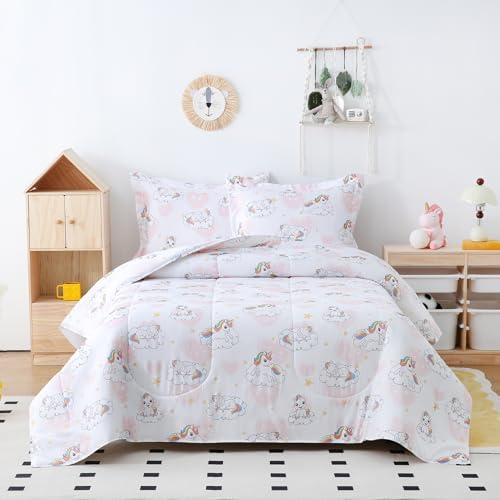 Yibeizi Kids Unicorn Twin Bed Comforter Set Pink Heart Bedding