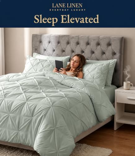 LANE LINEN Twin Comforter Set, 5 Piece Twin Bedding Sets, Ultra Soft Pintuck Twin Bed in a Bag Set with Down Alternative Comforter, Sheets, Pillowcase & Sham, Pinch Pleated Bedding Set - Mineral