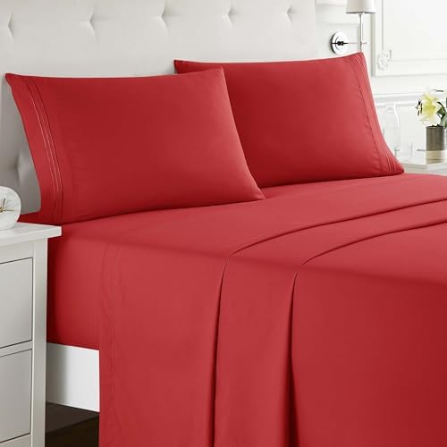 Clara Clark Split King Sheets Set, Deep Pocket Bed Sheets for Split King Size Bed, 4 Piece Bed Sheet Set, Super Soft Bedding Sheets & Pillowcases, Split King Cherry Red