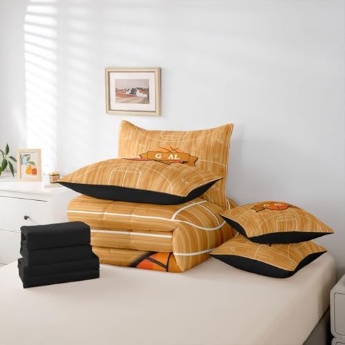 Erosebridal Boys Basketbal Gaming Pattern Boys Kids Orange 7 Piece Bedding Set Twin | Ball Games Sports Theme Comforter Set with Sheets Playground Bed in A Bag Geometric Bed Sets