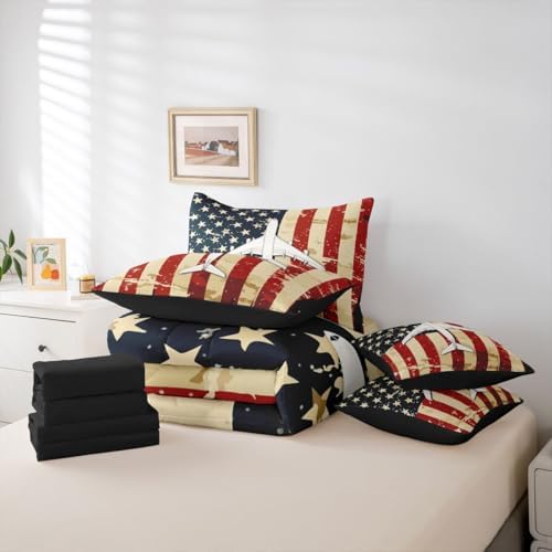 Erosebridal 7 Pcs American Flag Airplane Bedding Set King Military Airplane Comforter Set with Sheets for Boys Kids Teens Men Vintage Patriotic Bed in A Bag Fighter Plane Bed Sets for Aviation Lovers