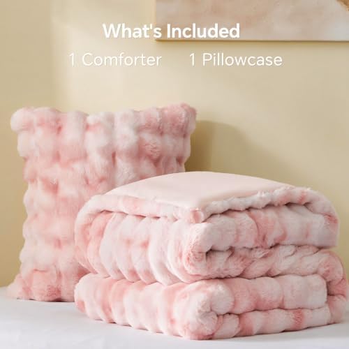 BEDELITE Tie Dye Faux Fur Comforter Set Twin,Thick Winter Comforter,Pink