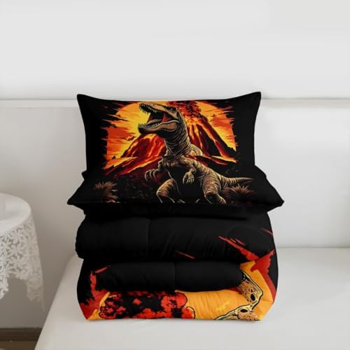 Feelyou Kids Dino Kids Comforter Set Full Size Dinosaur Bedding Set Volcano Duvet Quilt for Kids Boys Girls Bedroom Ancient Jungle Dinosaur Decor Yellow Black Microfiber Ultra Soft Breathable