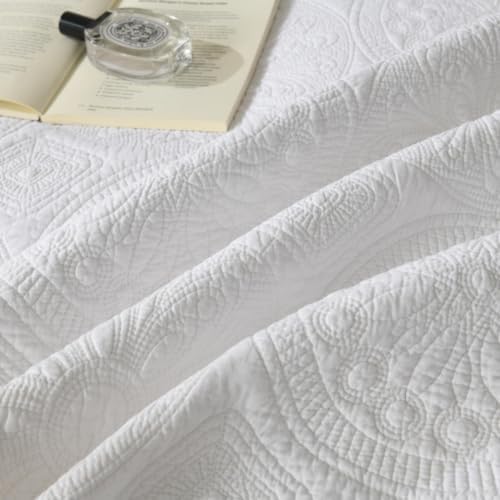 MarCielo 3pcs Cotton Quilt Set, White Floral Medallion