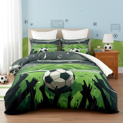 CCoutueChen Boys Full Size Soccer Bedding Set, Sports Comforter Set for Kids, 3 Pieces Soft Fluffy Microfiber Green Bed Sets with 2 Pillowcases, 79"x90"