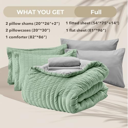 HYMOKEGE Sage Green/Light Grey Full Size Comforter Sets Seersucker 7 Pieces, All Season Luxury Bed in a Bag for Bedroom, Bedding Set with Comforter, Sheets, Pillowcases & Shams
