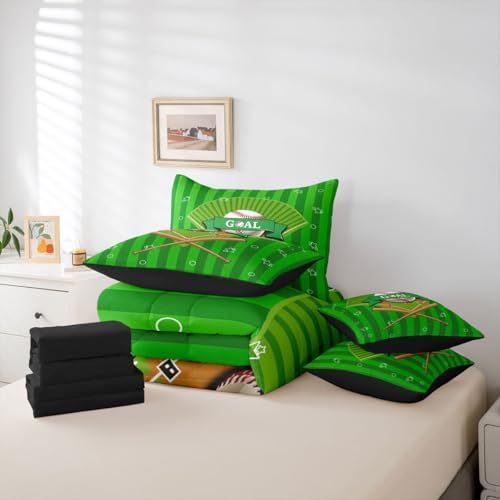 Erosebridal Boys Baseball Gaming Pattern Boys Kids Green King 7-Piece Comforter Set | Ball Games Sports Theme Sheets and Pillowcases Playground Bed in A Bag Stripes Geometric Bed Sets