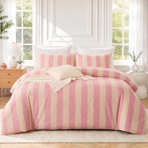Bedbay Pink Striped Duvet Cover Set Queen Size, 100% Cotton 300TC Sateen, Pink Cream Cabana Stripe Bedding, Soft Smooth Breathable Feminine Set, 3 Pieces