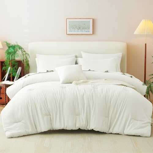 CozyLux Twin Comforter Set Ivory, 5 Pieces Bed in a Bag Twin Comforter Set with Sheets, Soft Bedding Sets with Down Alternative Comforter, Sheets, Pillowcase & Sham, Soft Bed Set for All Seasons