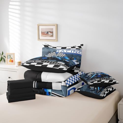 Boys Teens Race Car Comforter Set Bed in a Bag 7 Pieces Twin,Racing Sports Racing Flag Kids Bedding Set,Retro Camouflage Print (Comforter+Fitted+Flat Sheet+2 Pillowcases+2 Throw Pillow Covers)