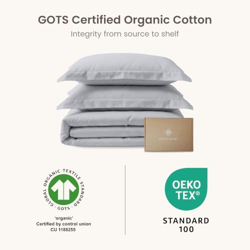 BIOWEAVES 100% Organic Cotton King Duvet Cover Set, 3-Piece, 300 Thread Count Sateen Weave GOTS Certified Comforter Cover with Buttoned Closure and 2 Pillow Shams – Glacier Gray, 104x90 inches