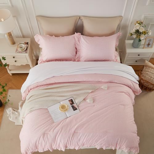 Cupocupa Gingham Ruffle Comforter Set King - 3 Piece Pink Checkered Bedding Set - Aesthetic Cottagecore Ruffled Farmhouse Comforter with 2 Pillow Shams - Soft, Lightweight All Season Bedding