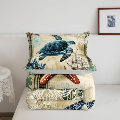 Erosebridal Turtle Bedding Teal Turtle Comforter Set Turquoise Ocean Themed Mediterranean Style Printed Design Ocean Turtle Down Comforter Quilted Duvet Set Full Size 1 Comforter 2 Pillowcases