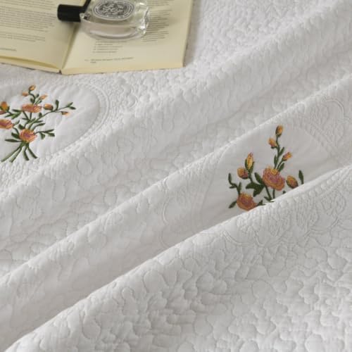 MarCielo 3pcs Cotton Quilt Set White Rose Bouquet Embroidered Bedspread