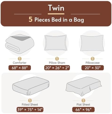 Twin Comforter Set with Sheets - 5 Pieces Bed in a Bag Brown Bedding Sets