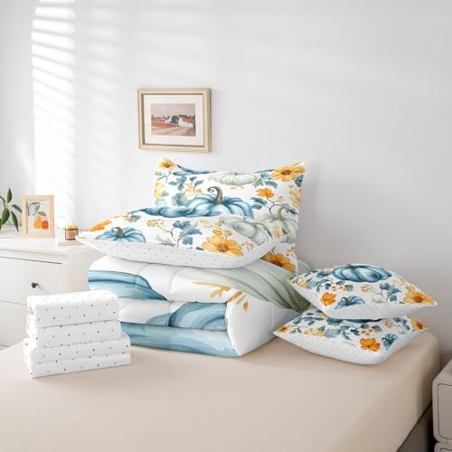 Erosebridal Fall Pumpkin Bed in A Bag with Sheets Autumn Harvest Queen Comforter Set 7 Piece for Adults Men Womenrustic Farmhouse Bedding Set Blue Watercolor Bed Set Room Decor