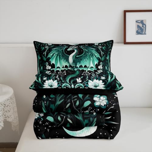 Feelyou Kids Dragon Comforter Set King Size, Green Dragon Bedding Set Dragon Lovers Comforter for Kids Boys Girls Boho Duvet Insert Room Decor 3Pcs