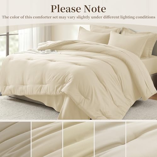 Oversized Queen Comforter Set 7 Piece - Soft Bed in a Bag Queen Size Comforter Sets, Cozy Bedding Sets with All Season Comforter, Flat Sheet, Fitted Sheet,2 Pillowcases & 2 Shams, Beige